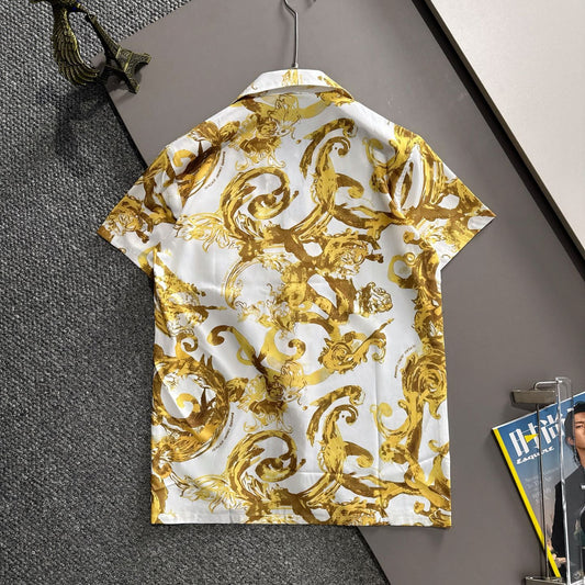 Versace Barocco White & Gold Scrollwork Short-Sleeve Shirt