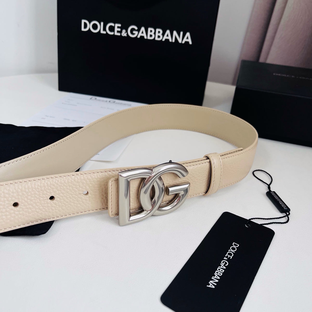 Dolce & Gabbana DG Logo Belt – Cream / Silver Buckle Belt width 3.5 cm