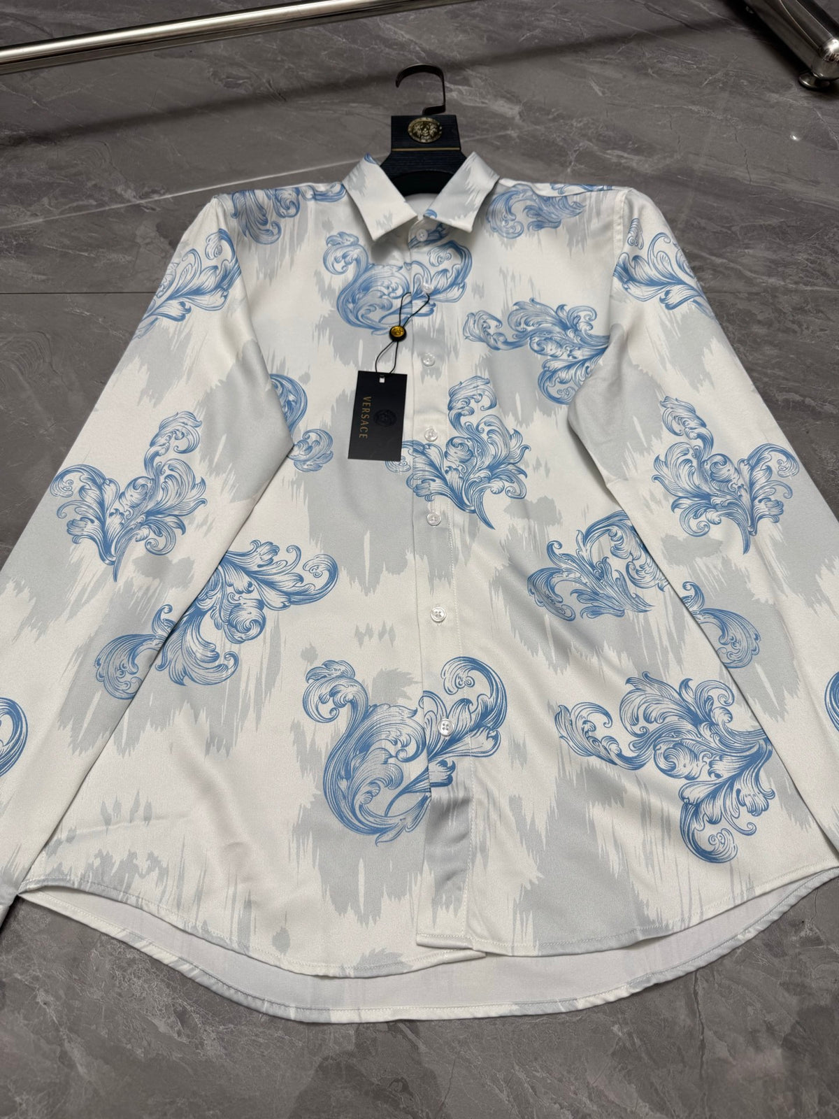 Versace Baroque Ice Blue Scrollwork Long-Sleeve Shirt