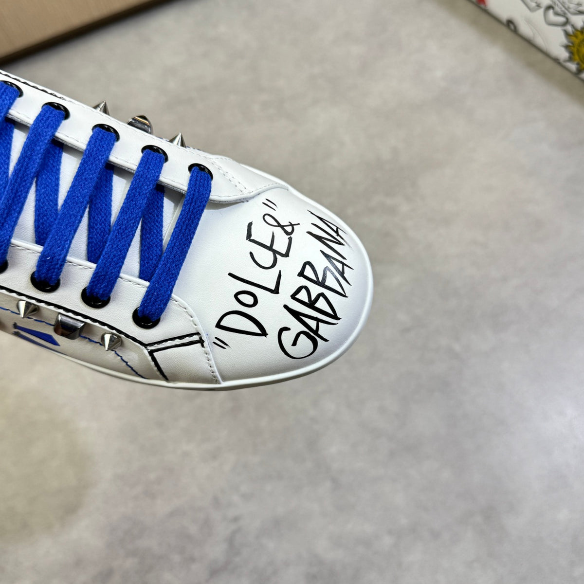 Dolce & Gabbana Portofino Graffiti Art Low-Top Sneakers – White & Blue