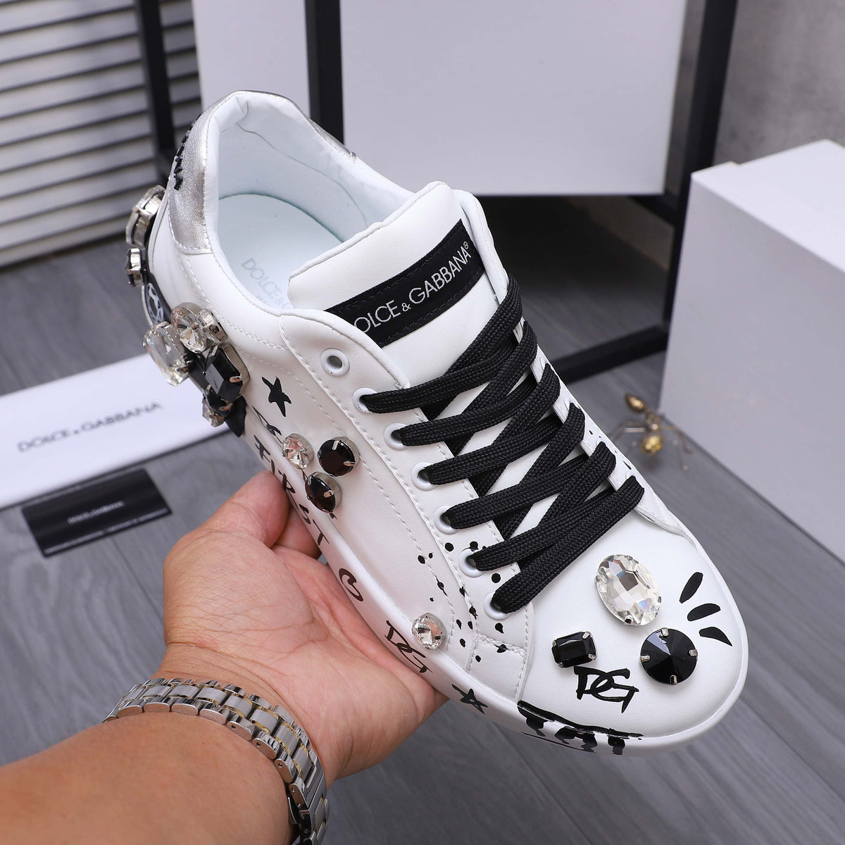 Dolce & Gabbana Portofino SNK Graffiti Crystal-Embellished Sneakers – White & Black