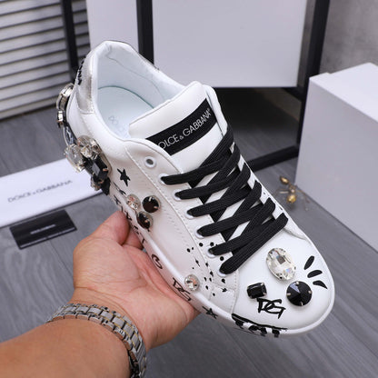 Dolce & Gabbana Portofino SNK Graffiti Crystal-Embellished Sneakers – White & Black