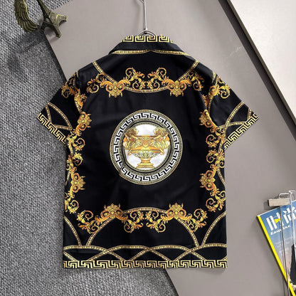 Versace Barocco Gold Print Short-Sleeve Shirt