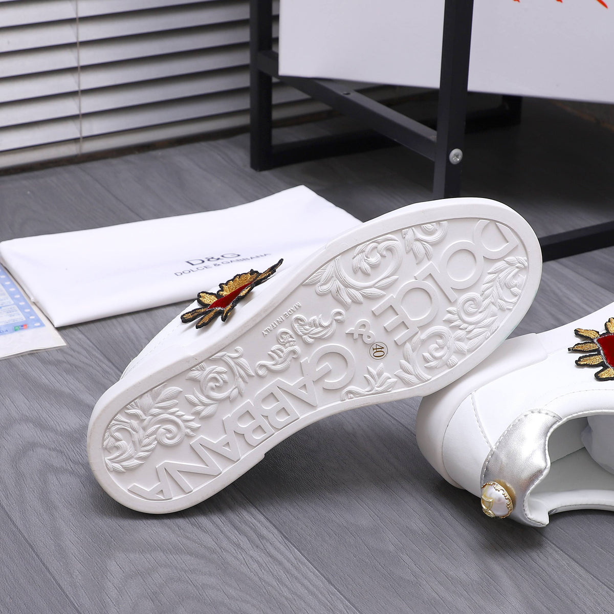 Dolce & Gabbana Portofino SNK Sacred Heart Embroidered Sneakers – White