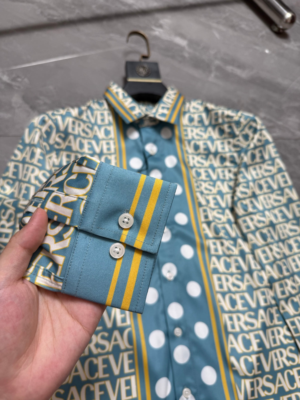 Versace Allover Logo & Polka Dot Panel Long-Sleeve Shirt