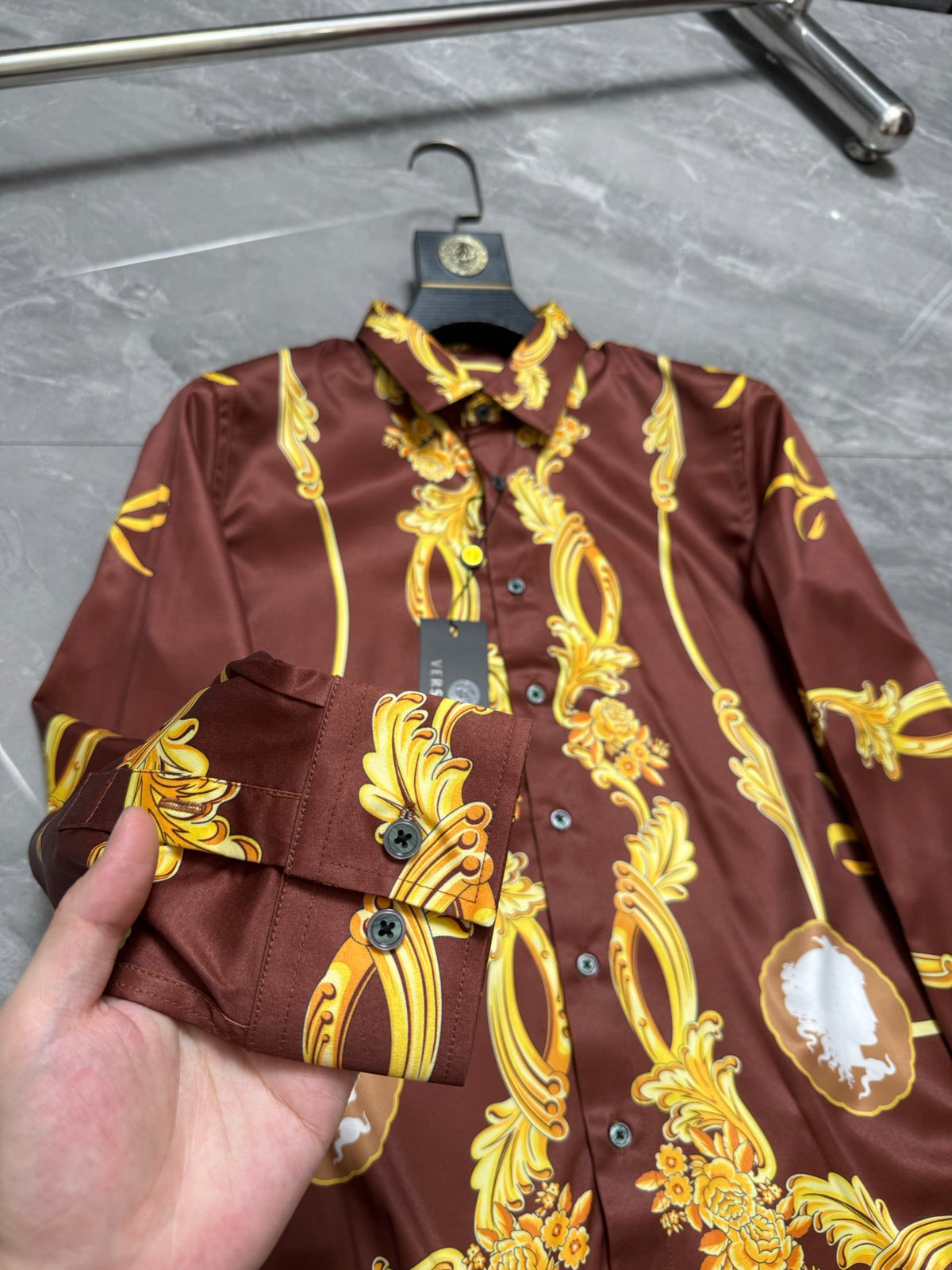 Versace Baroque Gold Scrollwork & Cameo Long-Sleeve Shirt