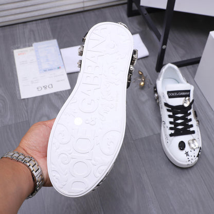 Dolce & Gabbana Portofino SNK Graffiti Crystal-Embellished Sneakers – White & Black