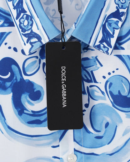 Dolce & Gabbana Long-Sleeve Shirt with Blue Majolica Digital Print