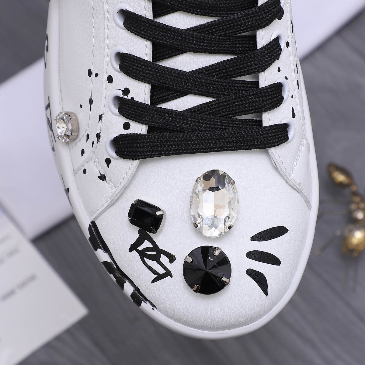 Dolce & Gabbana Portofino SNK Graffiti Crystal-Embellished Sneakers – White & Black
