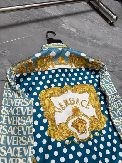 Versace Allover Logo & Polka Dot Panel Long-Sleeve Shirt