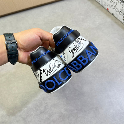 Dolce & Gabbana Portofino Graffiti Art Low-Top Sneakers – White & Blue