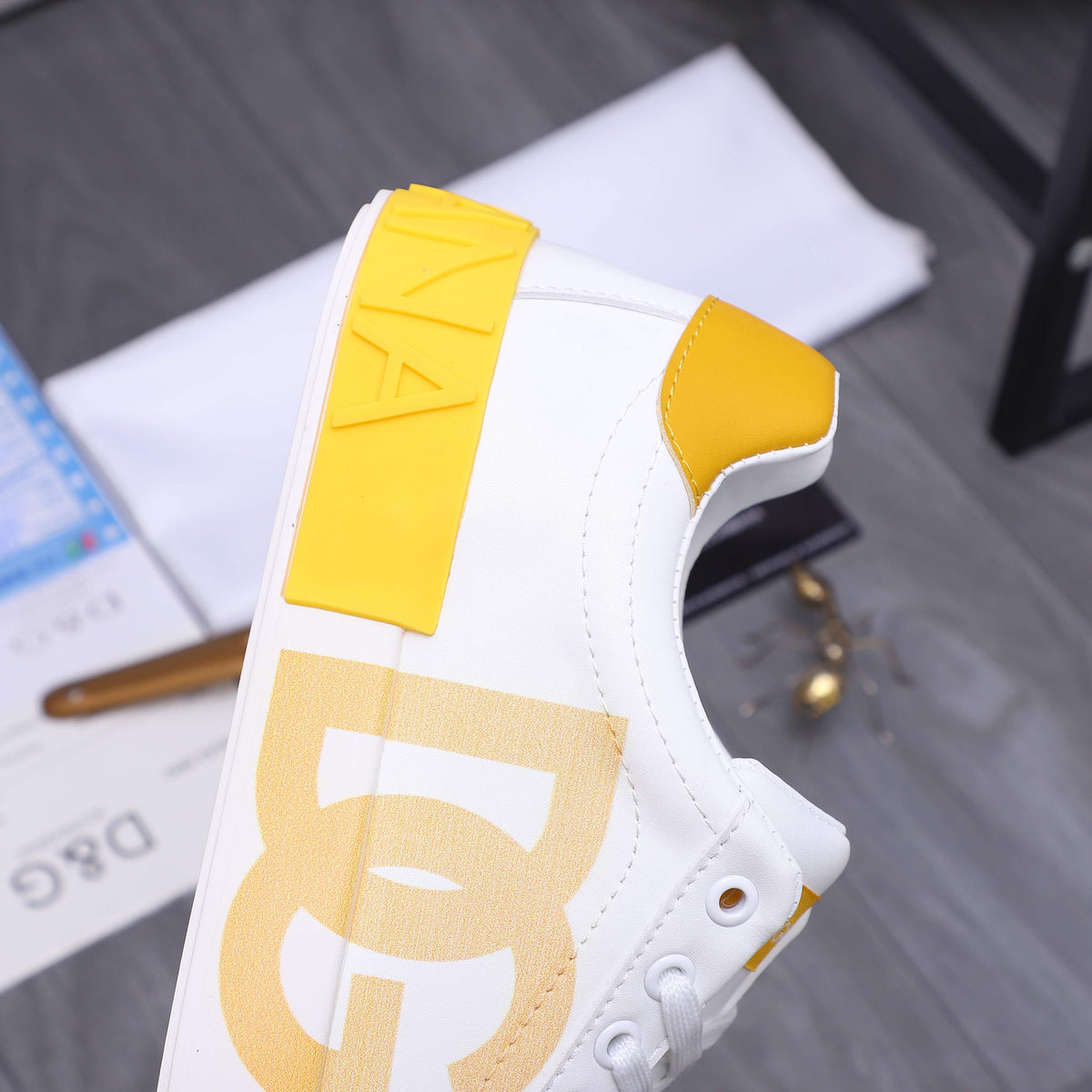 Dolce & Gabbana Portofino DG Logo Low-Top Sneakers – White & Yellow