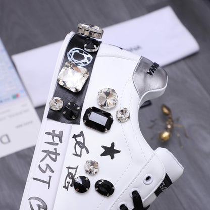 Dolce & Gabbana Portofino SNK Graffiti Crystal-Embellished Sneakers – White & Black