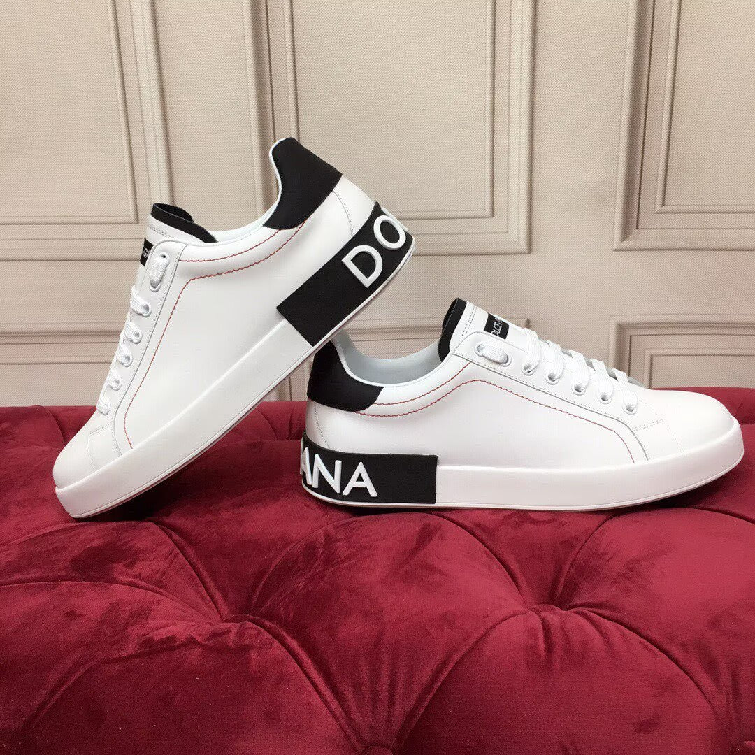 Dolce & Gabbana Portofino SNK Logo Heel Sneakers | White & Black