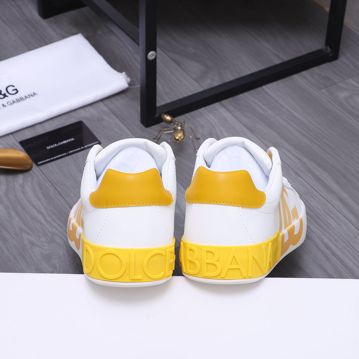 Dolce & Gabbana Portofino DG Logo Low-Top Sneakers – White & Yellow