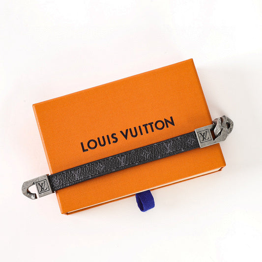 Louis Vuitton Black Monogram Strap & Chain Bracelet