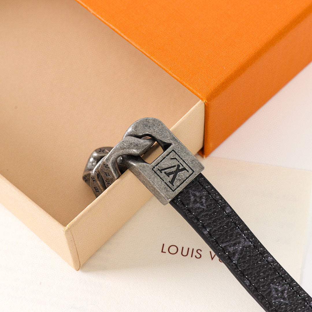 Louis Vuitton Black Monogram Strap & Chain Bracelet