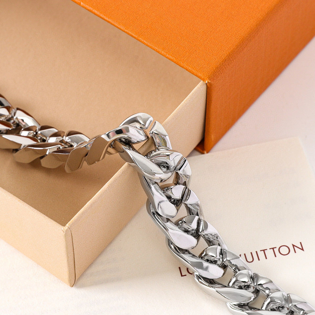 Louis Vuitton Silver-Tone Monogram Curb Chain Necklace