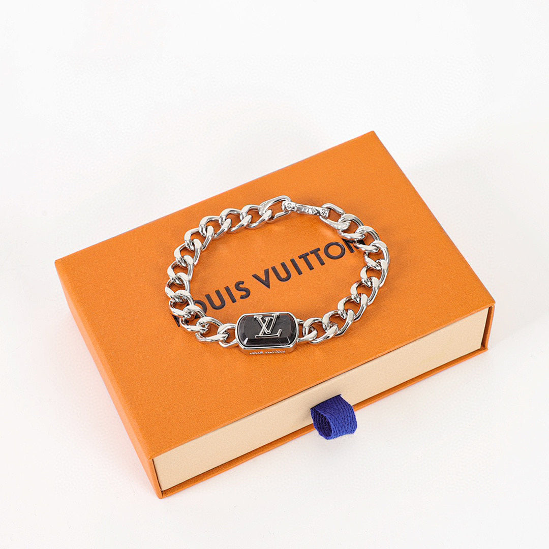 Louis Vuitton Silver-Tone Chain Bracelet with Black LV Plate