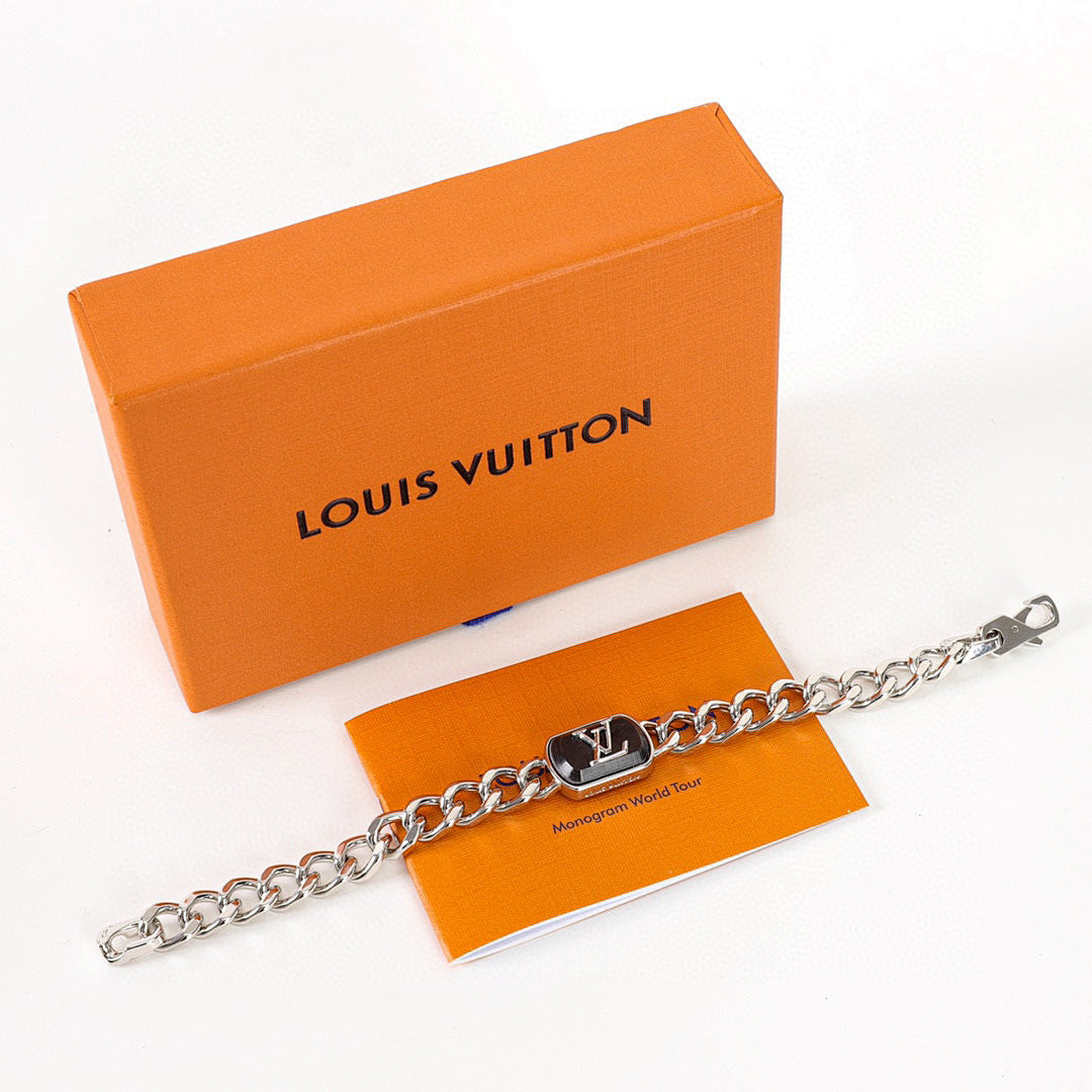 Louis Vuitton Silver-Tone Chain Bracelet with Black LV Plate