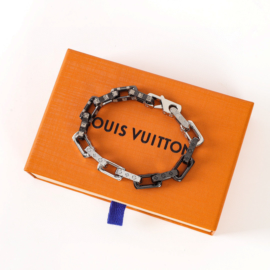 Louis Vuitton Black & Silver-Tone Monogram Link Bracelet