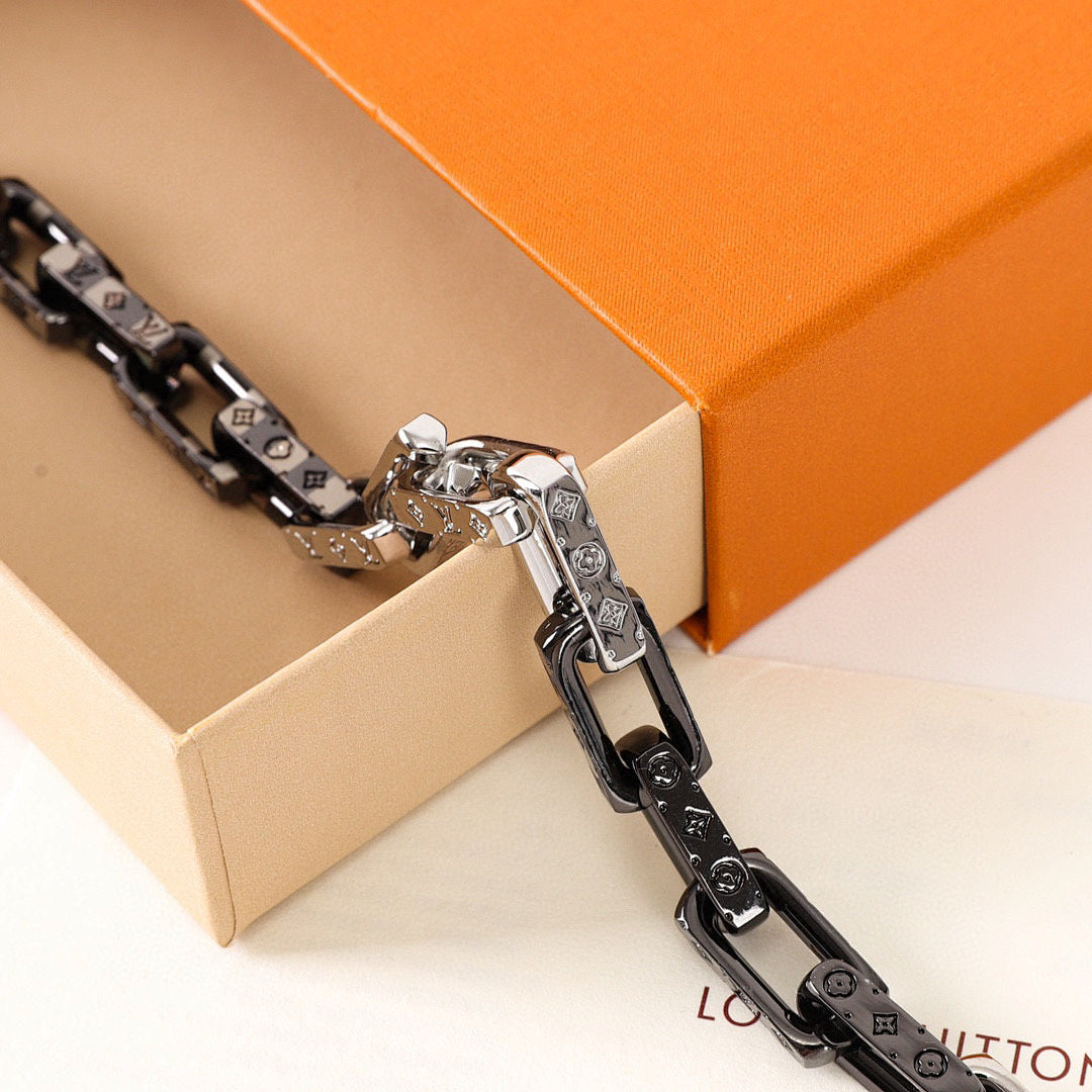Louis Vuitton Black & Silver-Tone Monogram Link Bracelet