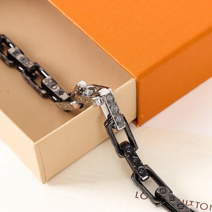 Louis Vuitton Black & Silver-Tone Monogram Link Bracelet