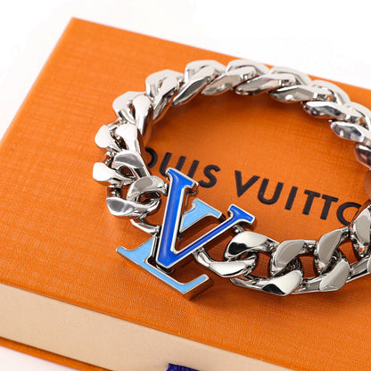 Louis Vuitton Silver-Tone Chain Bracelet with Blue LV Logo