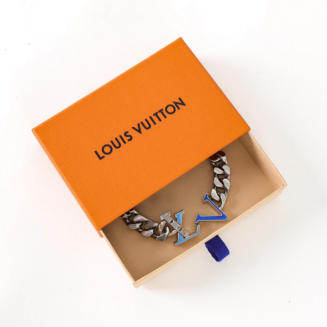 Louis Vuitton Silver-Tone Chain Bracelet with Blue LV Logo
