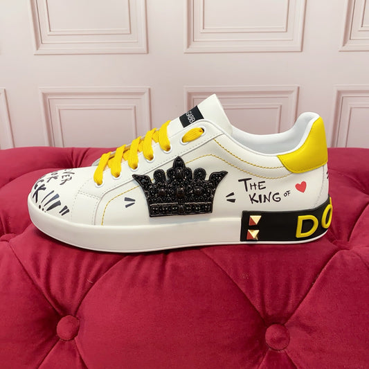 Dolce & Gabbana Portofino SNK "The King of Love" Crown Graffiti Sneakers | White & Yellow