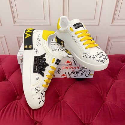 Dolce & Gabbana Portofino SNK "The King of Love" Crown Graffiti Sneakers | White & Yellow