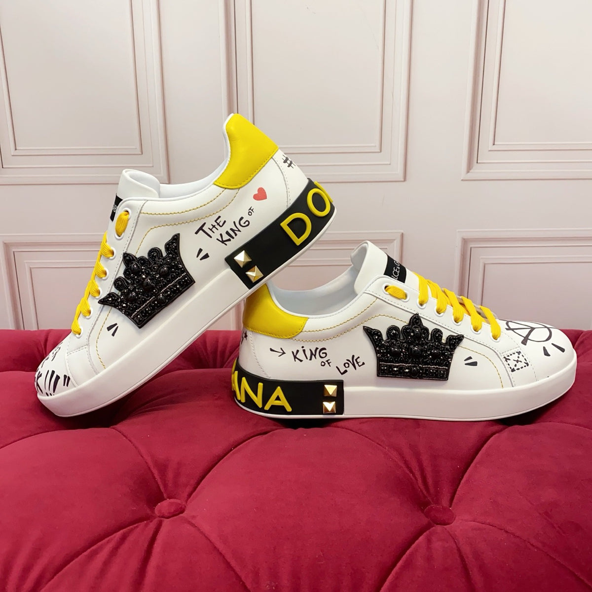 Dolce & Gabbana Portofino SNK "The King of Love" Crown Graffiti Sneakers | White & Yellow