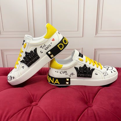 Dolce & Gabbana Portofino SNK "The King of Love" Crown Graffiti Sneakers | White & Yellow