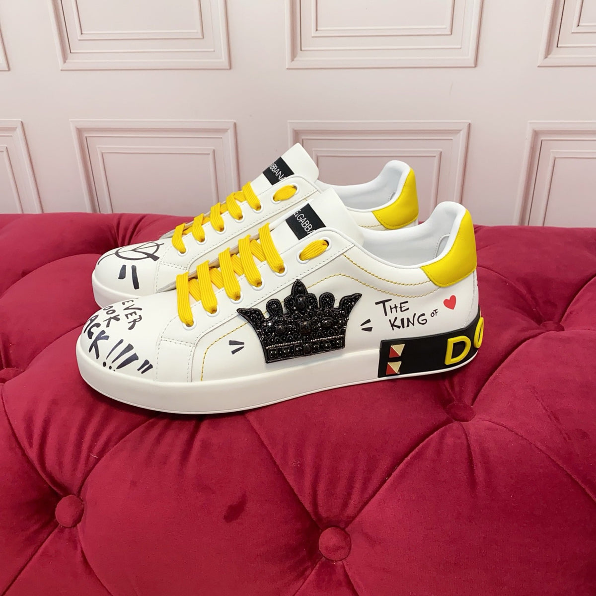 Dolce & Gabbana Portofino SNK "The King of Love" Crown Graffiti Sneakers | White & Yellow