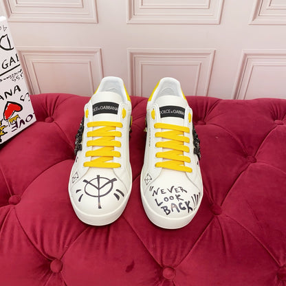 Dolce & Gabbana Portofino SNK "The King of Love" Crown Graffiti Sneakers | White & Yellow