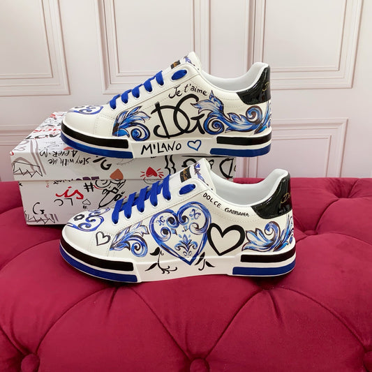 Dolce & Gabbana Portofino SNK "Je t'aime" Baroque Heart Graffiti Sneakers | White & Blue
