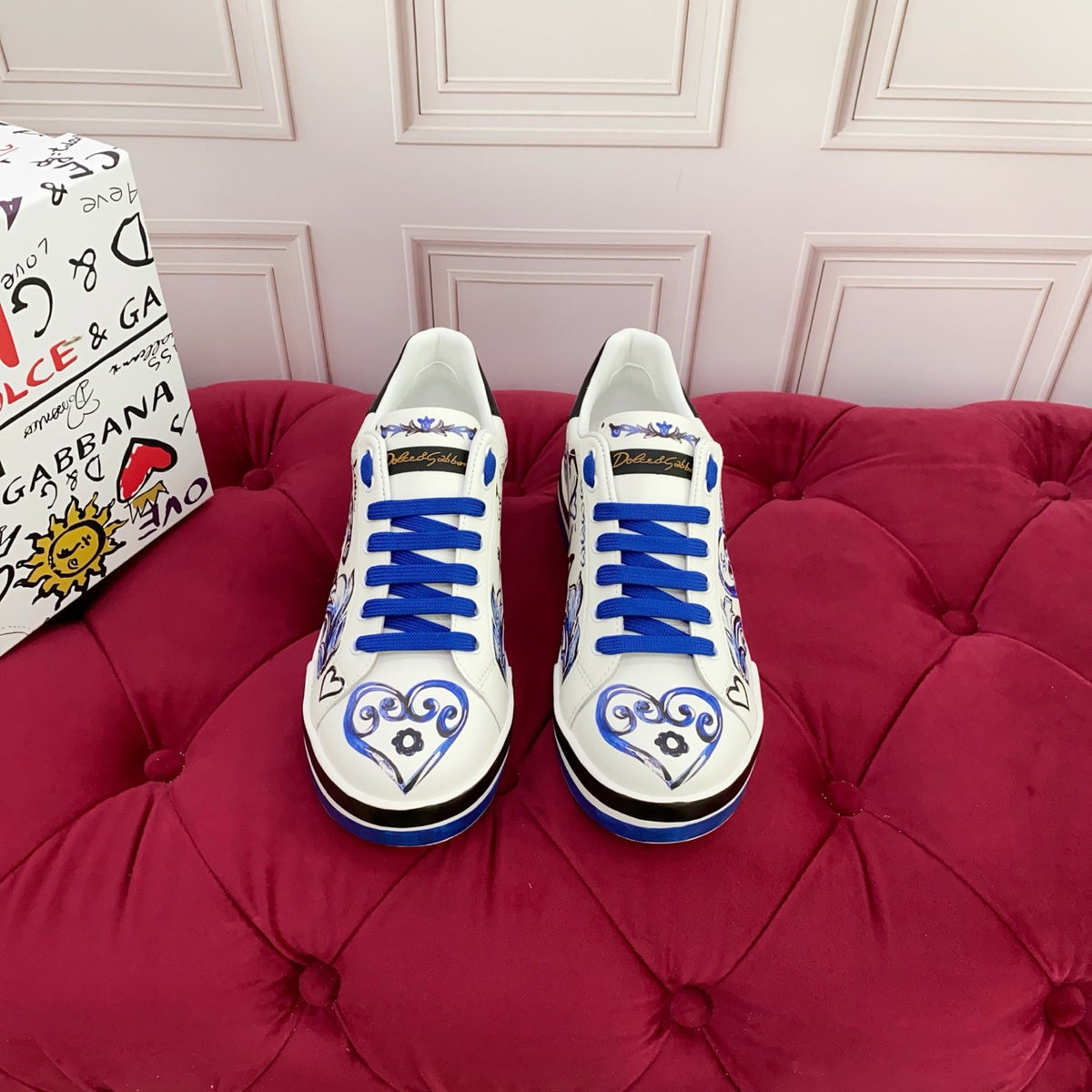 Dolce & Gabbana Portofino SNK "Je t'aime" Baroque Heart Graffiti Sneakers | White & Blue