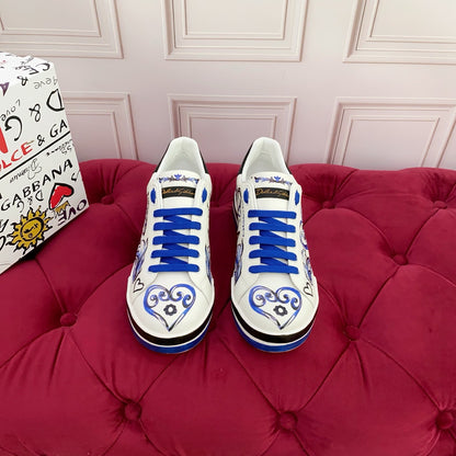 Dolce & Gabbana Portofino SNK "Je t'aime" Baroque Heart Graffiti Sneakers | White & Blue