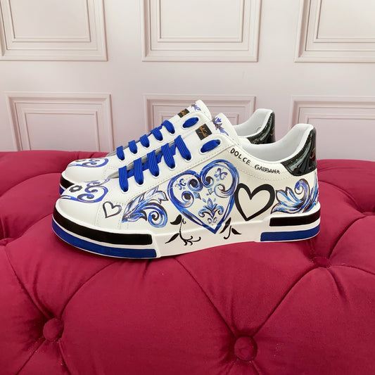 Dolce & Gabbana Portofino SNK "Je t'aime" Baroque Heart Graffiti Sneakers | White & Blue