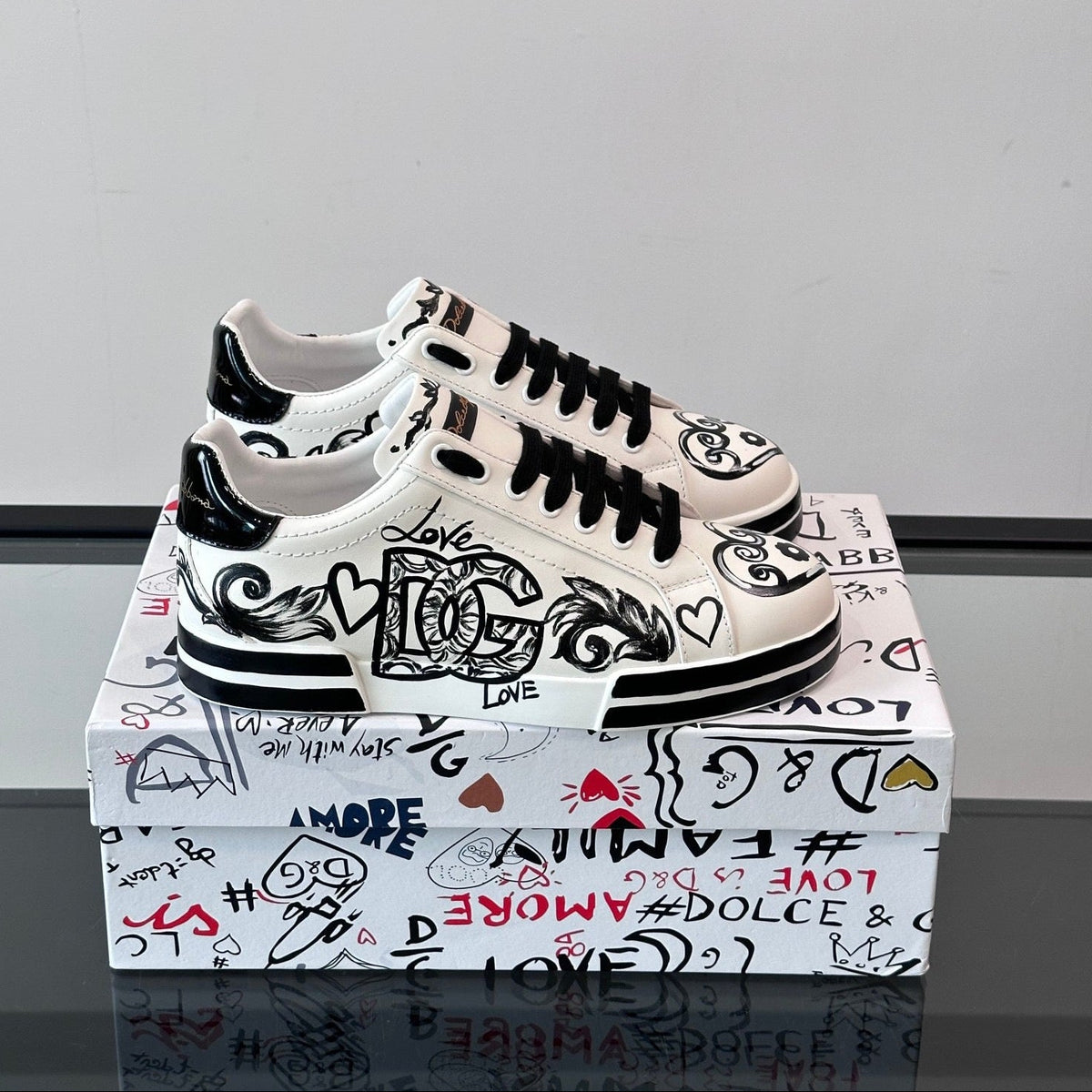 Dolce & Gabbana Portofino SNK Baroque DG Heart "Love" Graffiti Sneakers | White & Black