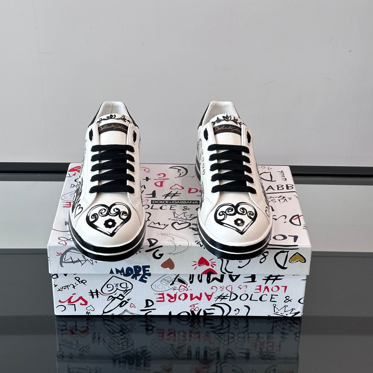 Dolce & Gabbana Portofino SNK Baroque DG Heart "Love" Graffiti Sneakers | White & Black