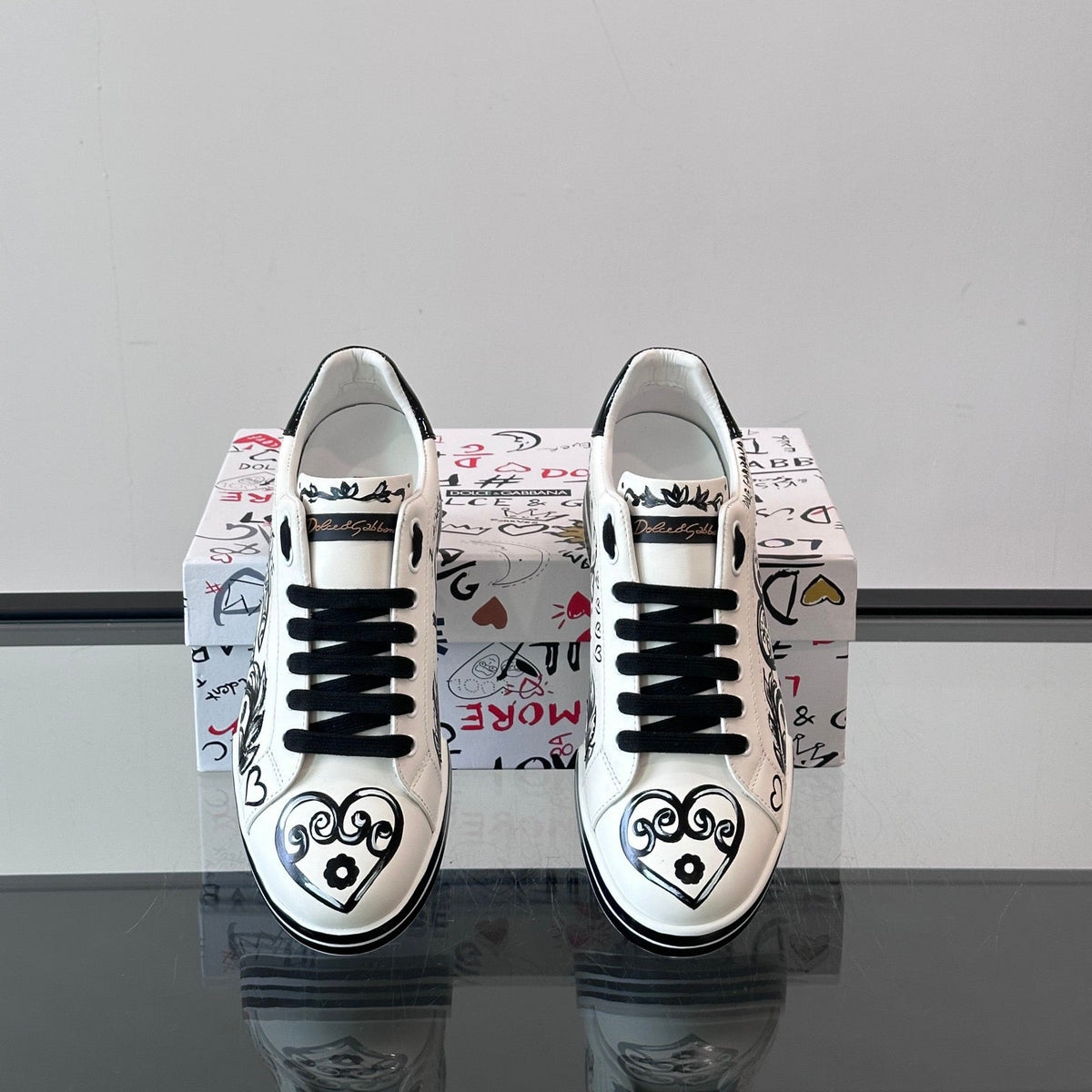 Dolce & Gabbana Portofino SNK Baroque DG Heart "Love" Graffiti Sneakers | White & Black