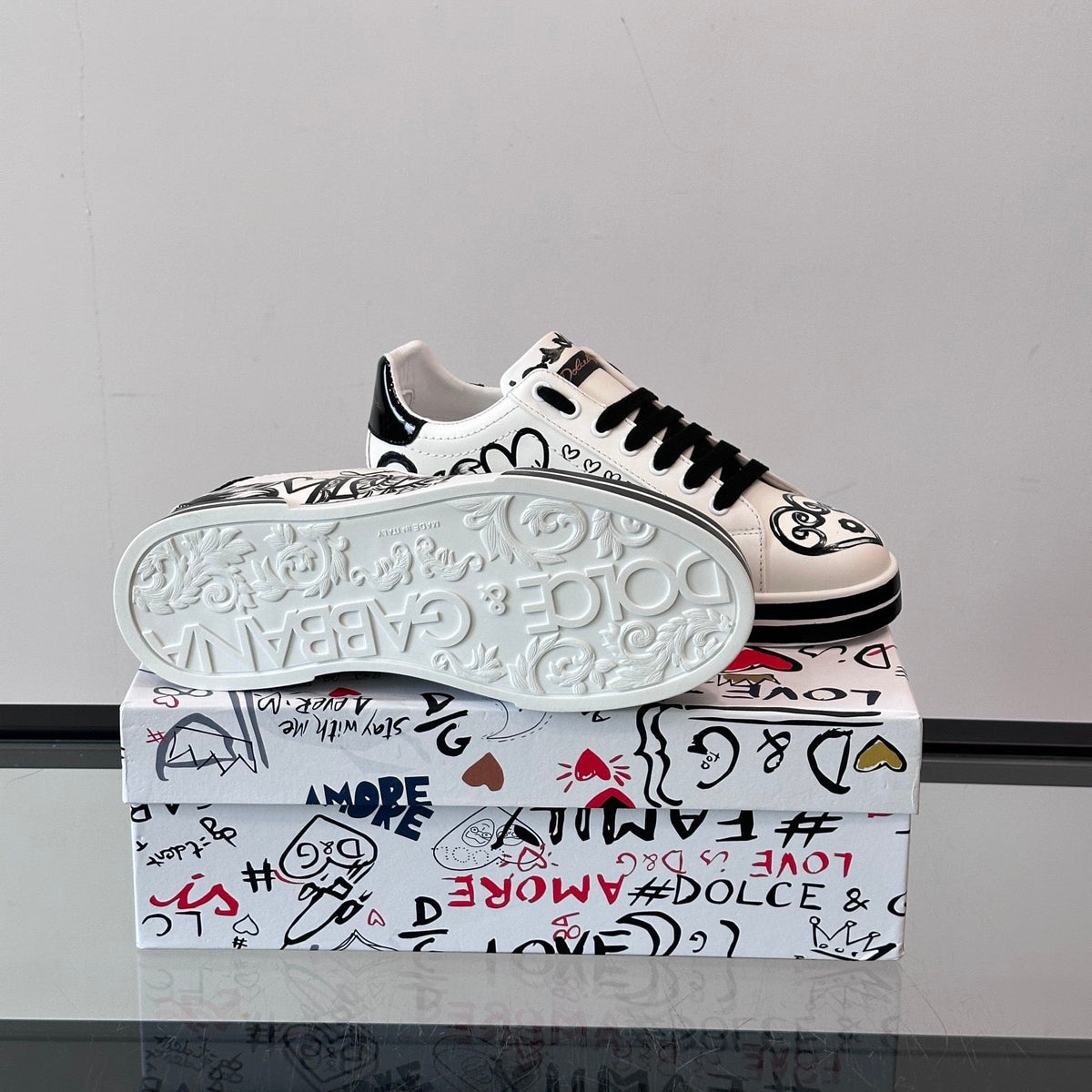 Dolce & Gabbana Portofino SNK Baroque DG Heart "Love" Graffiti Sneakers | White & Black
